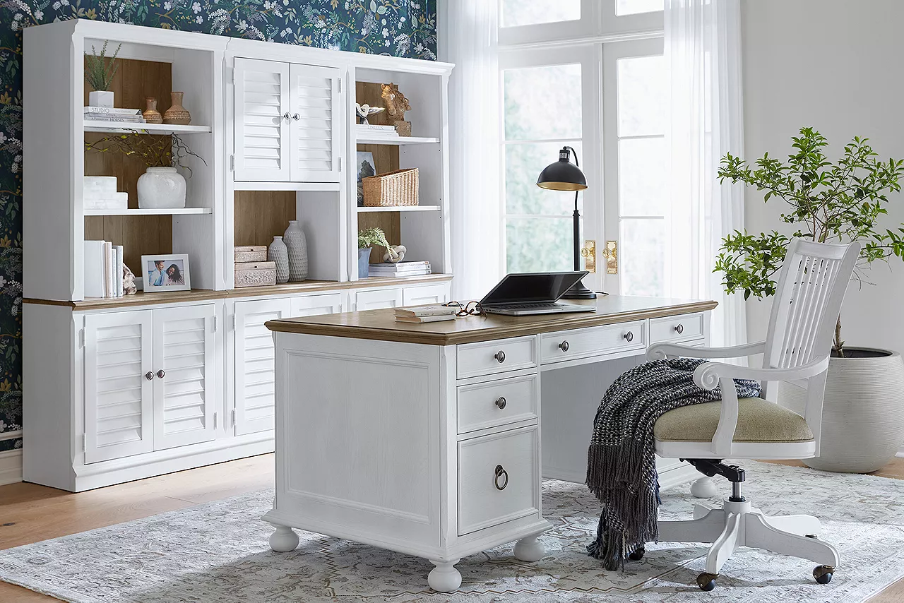 Nantucket executive desk, office chair, storage cabinet and two bookcases with doors in a room scene